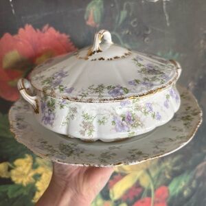 Porcelain Covered Serving Dish with Lavender Floral Pattern and Gold Trim